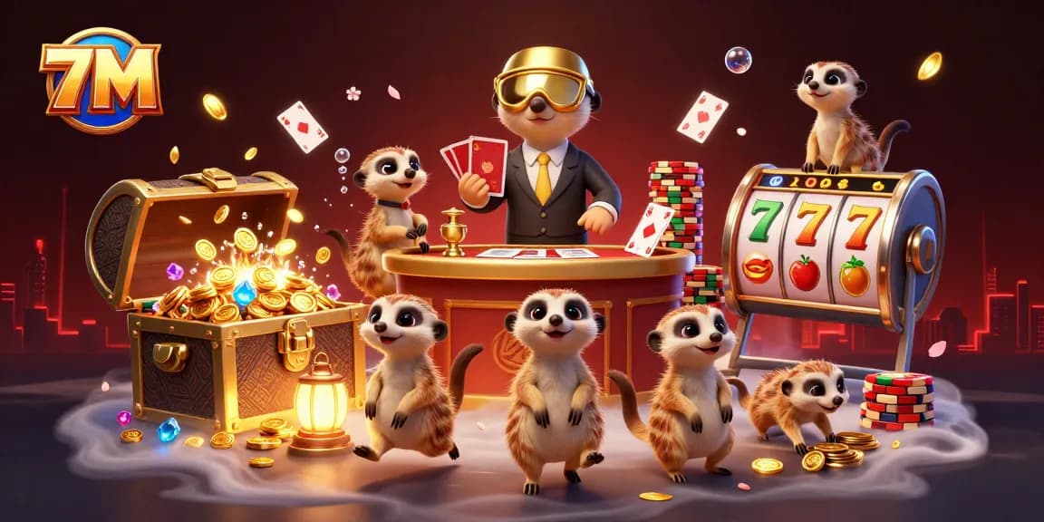 7M meerkats running a casino, showcasing vibrant slot reels and dynamic elements.