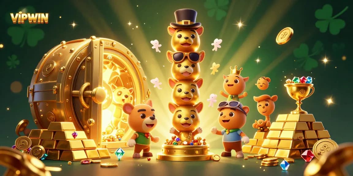 Experience excitement at VIPWIN with dazzling treasures and spirited totem decorations in a casino-themed illustration.