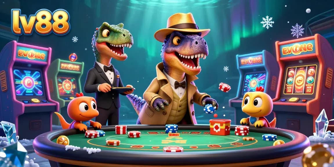 lv88 captivates players with a vibrant 3D illustration of a card-counting velociraptor at a blackjack table.