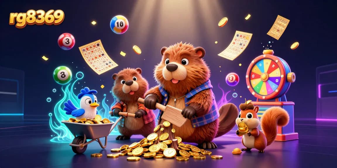 Experience thrill with rg8369 as a beaver collects gold coins in a vibrant casino scene.