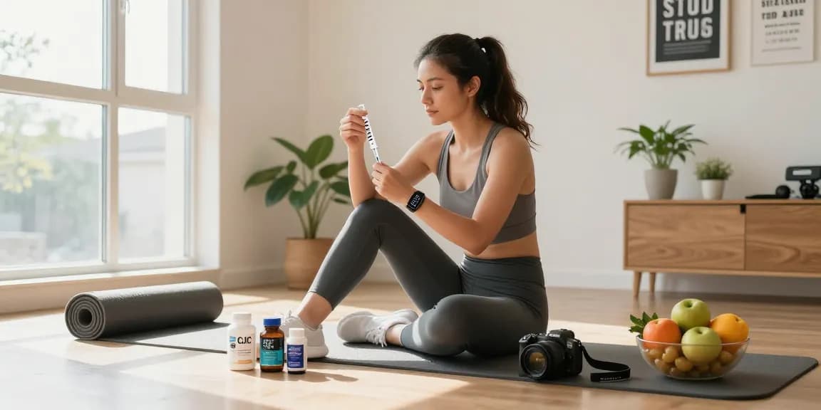 CJC 1295 Canada dosage measurement in a bright home gym, promoting fitness and health.