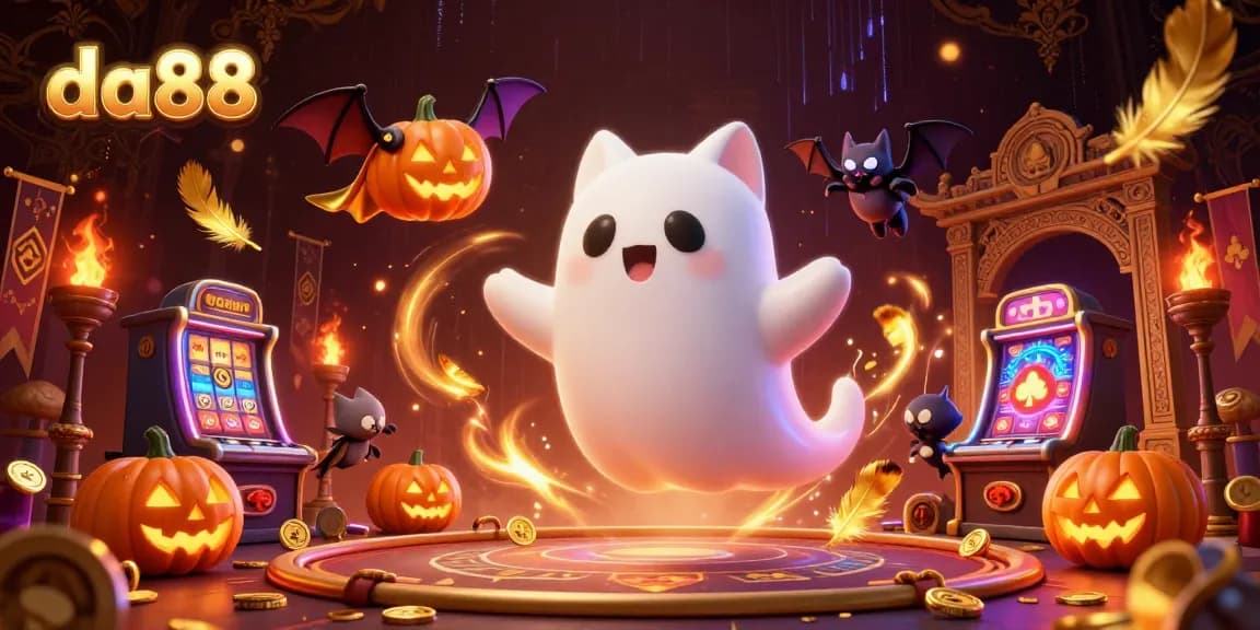 Engage with da88's exciting online casino experience featuring a haunted scene with a ghost cat and poker-themed elements.