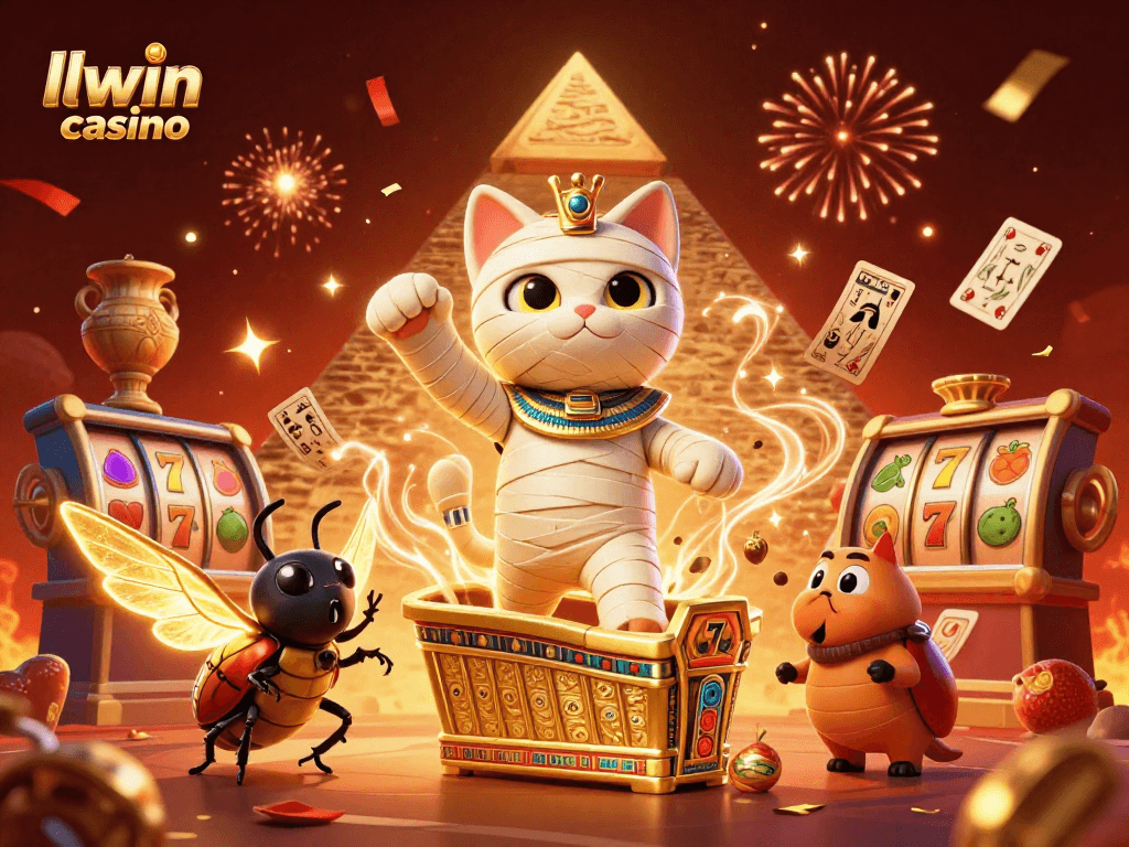 Experience the thrill of llwin casino with a vibrant mummy cat and scarab in a dazzling 3D scene.