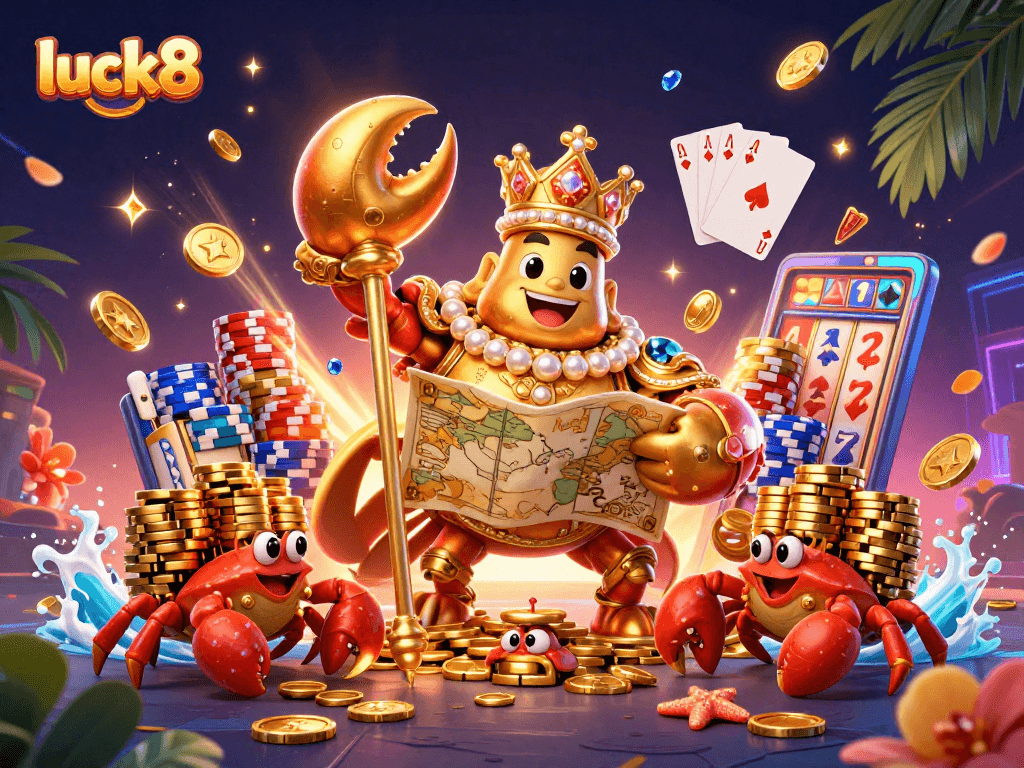 Engage in luck8's vibrant casino adventure featuring a golden crab emperor with treasure and chips.
