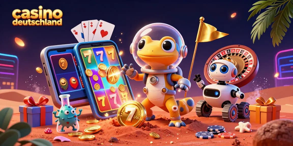 Casino Deutschland: Martian Gecko entdeckt ein goldenes Casino auf dem Mars mit Geldgewinnen und Spielen.