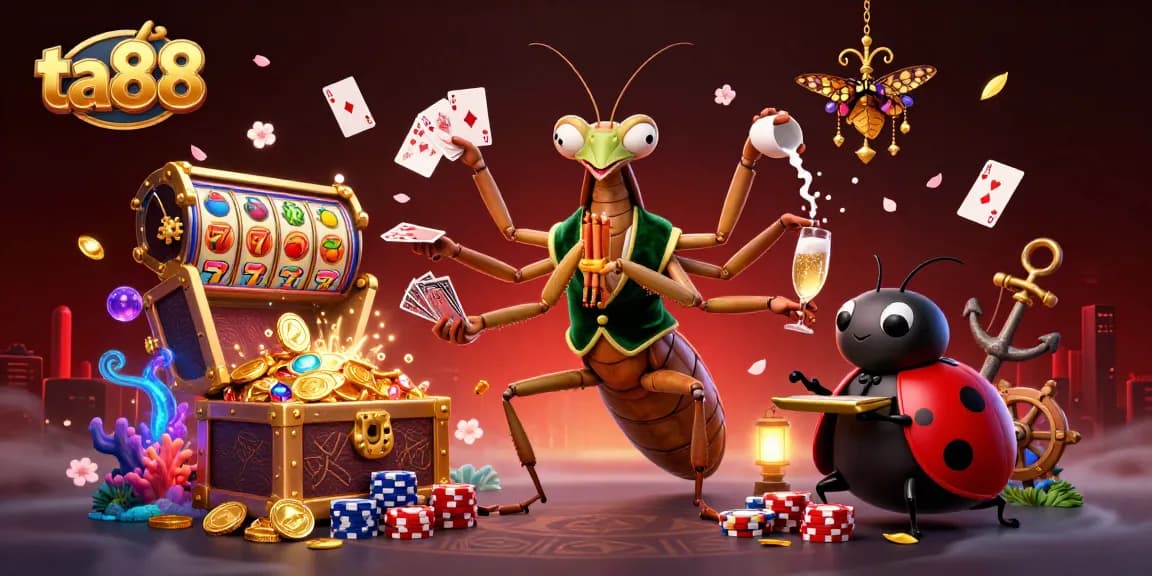Engaging ta88 scene featuring a giant praying mantis card sharp and vibrant slot reels for an exciting casino experience.