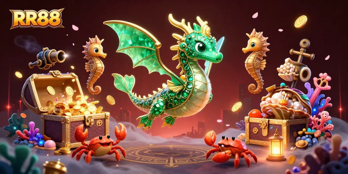 RR88 casino image showcasing vibrant underwater treasures and dragon characters interacting with gaming elements.
