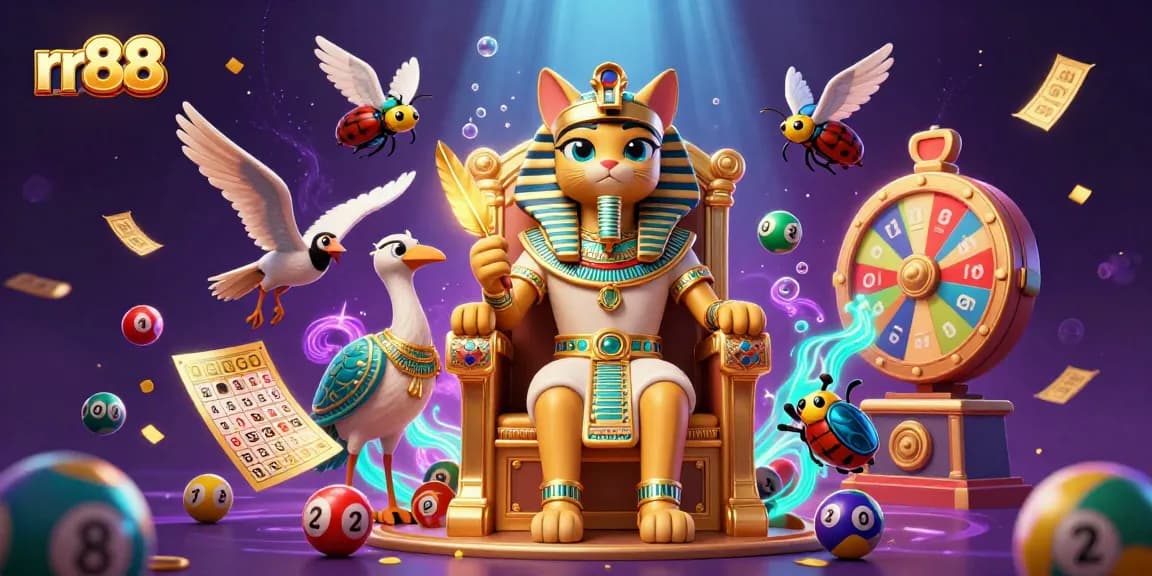 The 3D illustration showcases rr88, an Egyptian pharaoh cat holding court amid colorful lottery balls and casino elements.