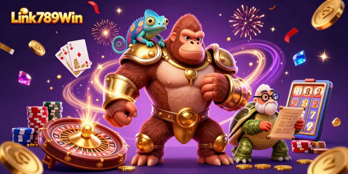 Experience the vibrant world of Link 789Win with our energetic casino illustration bursting with action.