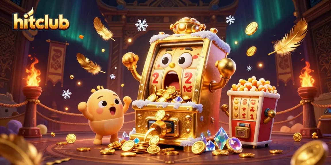 Hitclub slot machine hits jackpot showering coins while cheering baby slots celebrate.