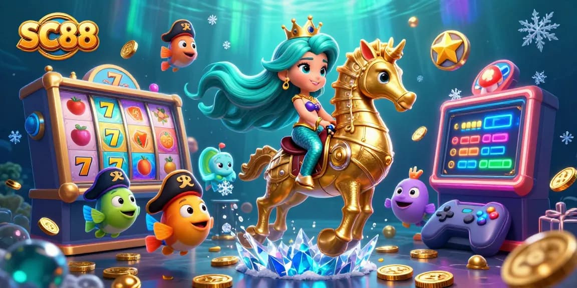 SC88 casino adventure with mermaid princess and giant seahorse amid vibrant slot game action.