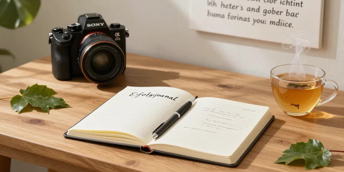 Junge Frau mit Erfolgsjournal in einem inspirierenden Raum, umgeben von Pflanzen und warmem Licht.