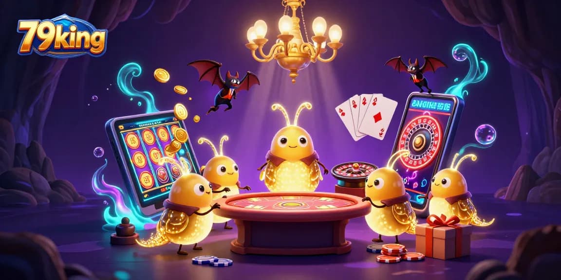 Experience exciting gameplay at 79king with a vibrant casino scene illuminated by glowworms and a bat dealer.