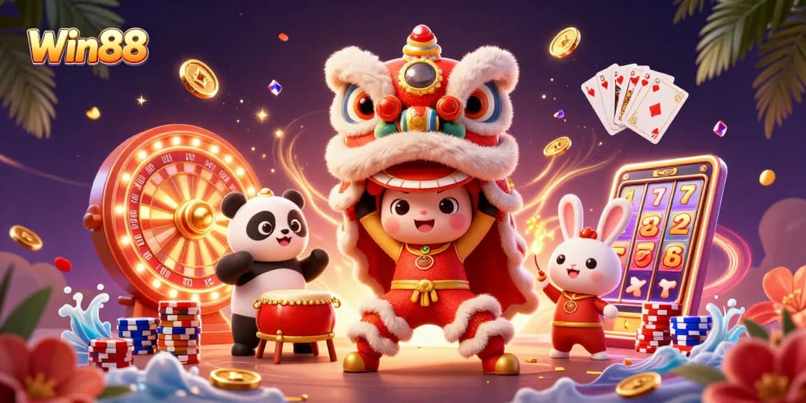 Experience the thrill of Win88 with a lively illustration of lion dance, coins, and casino elements