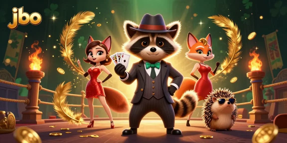 Join the excitement of jbo as the charming raccoon wins with a royal flush amidst a vibrant casino atmosphere.