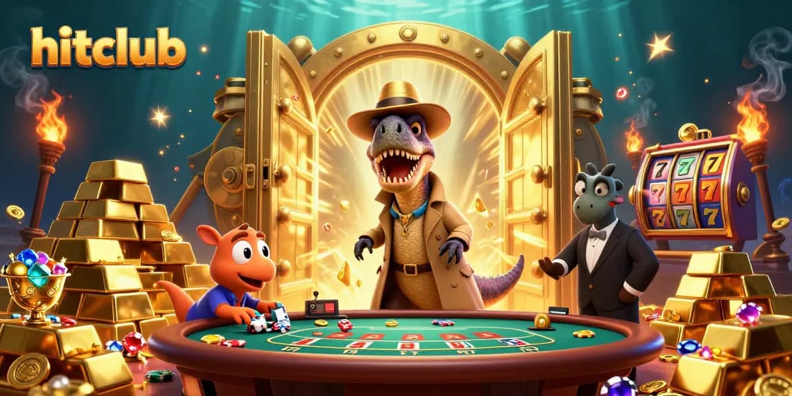 hitclub showcases thrilling 3D casino scene with card counter velociraptor and sparkling jackpots.