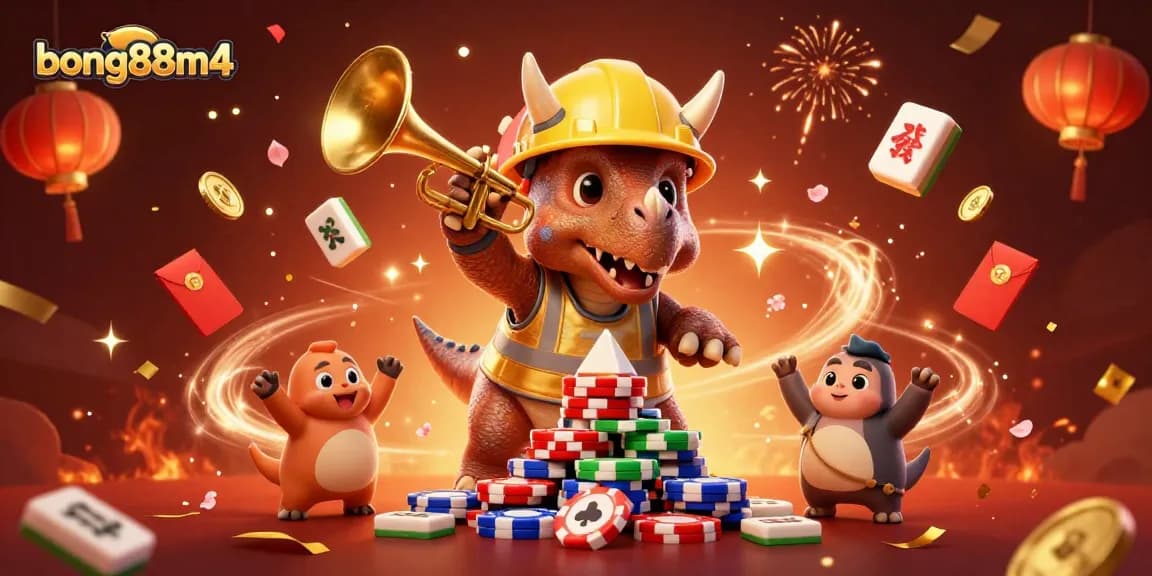 Bong88m4 casino scene with a triceratops building poker chips, celebrating with vibrant game elements.