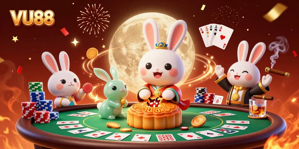 Experience the excitement of VU88 at a vibrant casino scene featuring moon rabbits and poker elements.