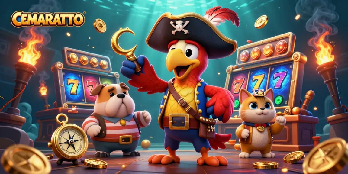CEMARATOTO showcases vibrant slot gaming action with colorful reels and characters in an exciting casino scene.
