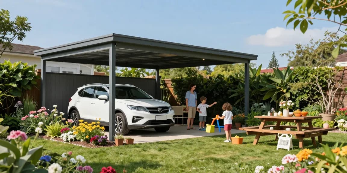 Moderne Carport-Struktur in einem Garten, Familie genießt den Außenbereich.
