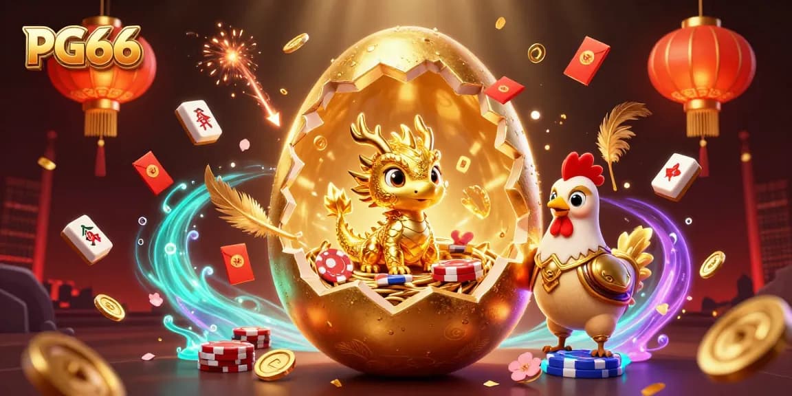 Experience dynamic gaming with PG66's colorful scene of a golden dragon amidst casino elements.