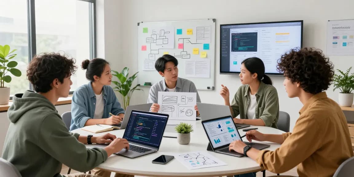 Build internal tools with AI in a collaborative tech workspace where a diverse team is actively discussing their project.