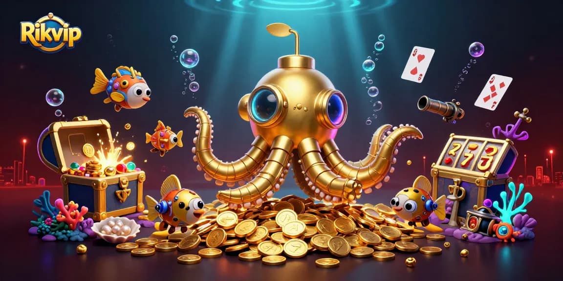 Engage with Rikvip's vibrant gameplay featuring a golden kraken submarine amidst a treasure-filled delight.