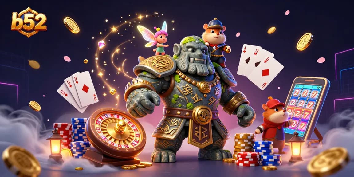 B52 slot game magic illustrated with a golem, fairy, and hamster knight amidst gambling elements.