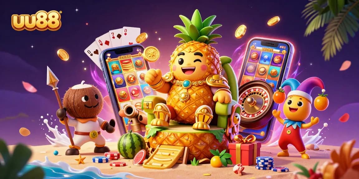Experience excitement at uu88 with a dynamic scene depicting a golden pineapple king in a lively beach casino.