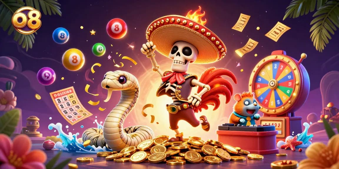 o8 casino illustration showcasing a vibrant scene of a skeleton rooster, mummy snake, and hamster DJ amidst colorful lottery elements.