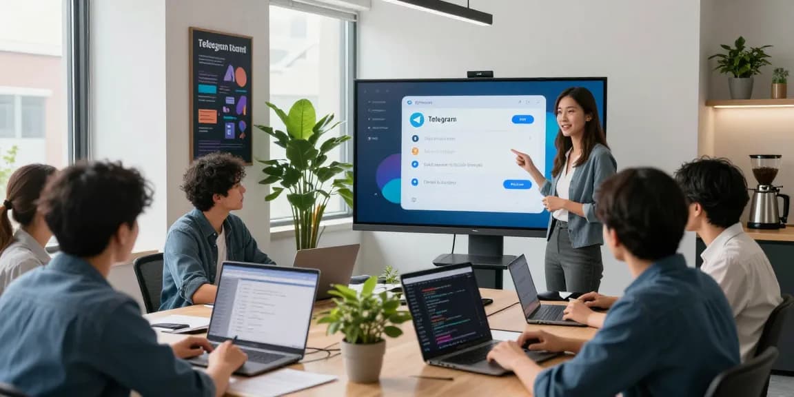 Setting the Telegram Chinese interface in a collaborative tech office with diverse professionals.