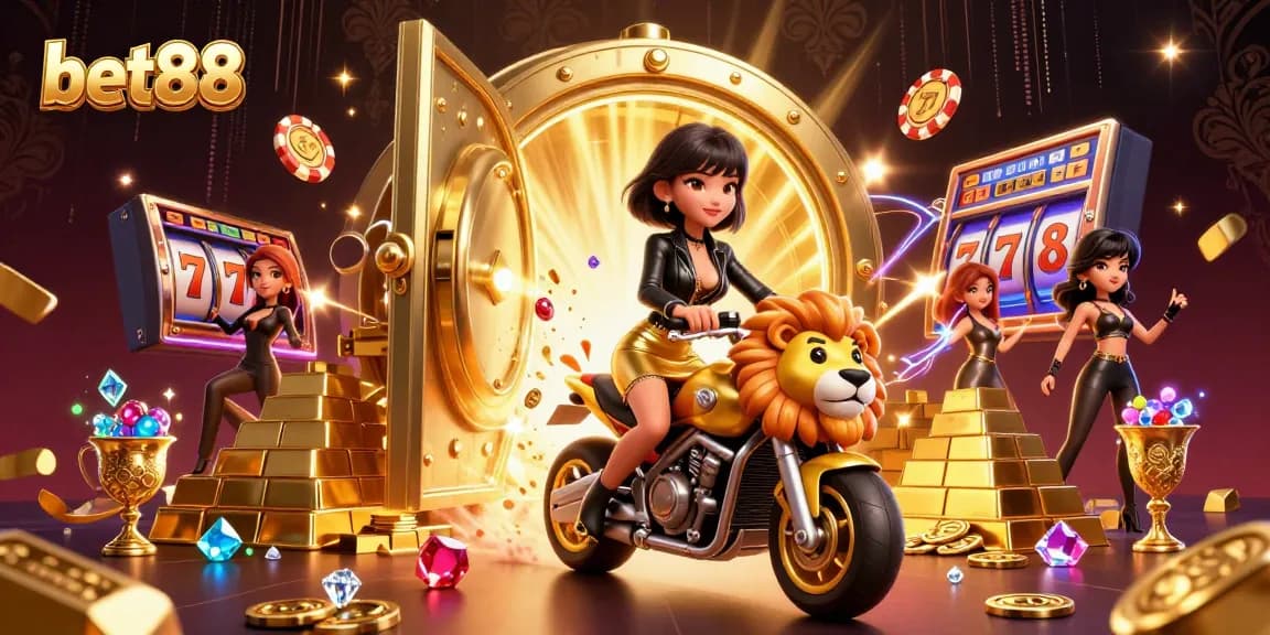 Experience the thrill of winning at bet88 with a glamorous scene featuring a stylish Asian woman, a golden lion mascot, and dynamic casino elements.