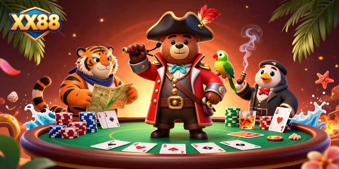Experience the excitement of XX88 with a pirate bear at a thrilling poker table.
