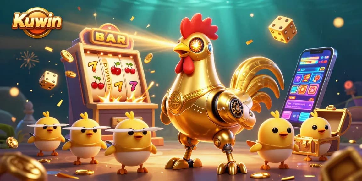 Experience the excitement of Kuwin casino with vibrant slot machines and a dynamic golden rooster robot.