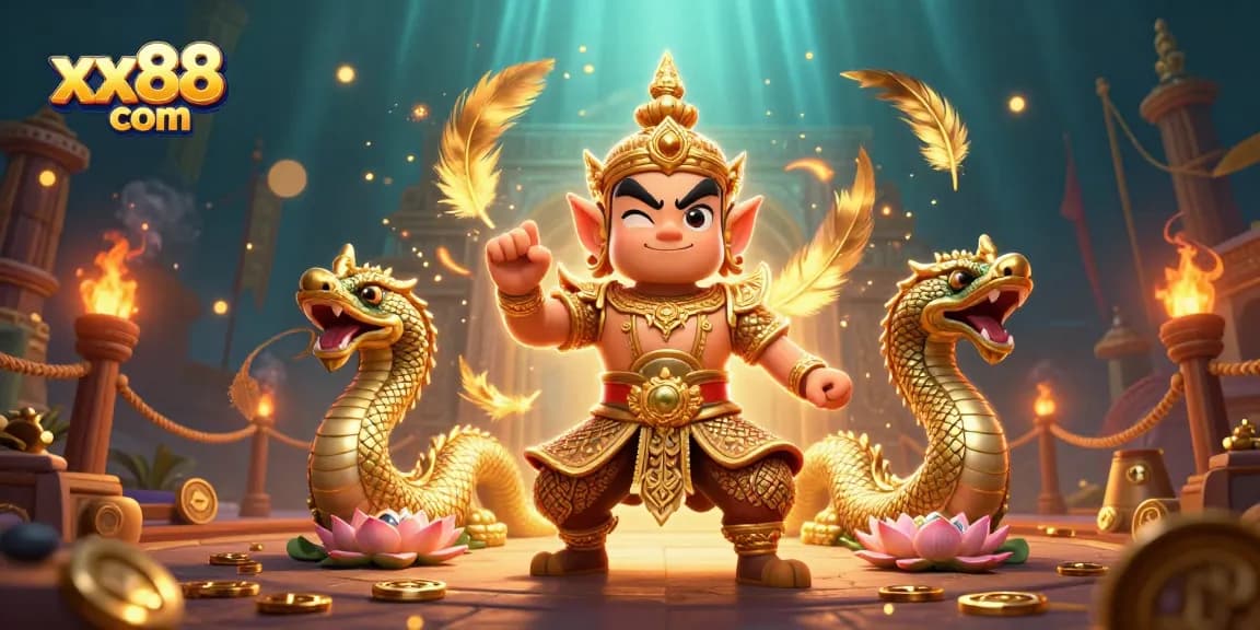 Engage in gaming excitement with xx88 com, featuring a mystical Thai temple guardian and vibrant elements.