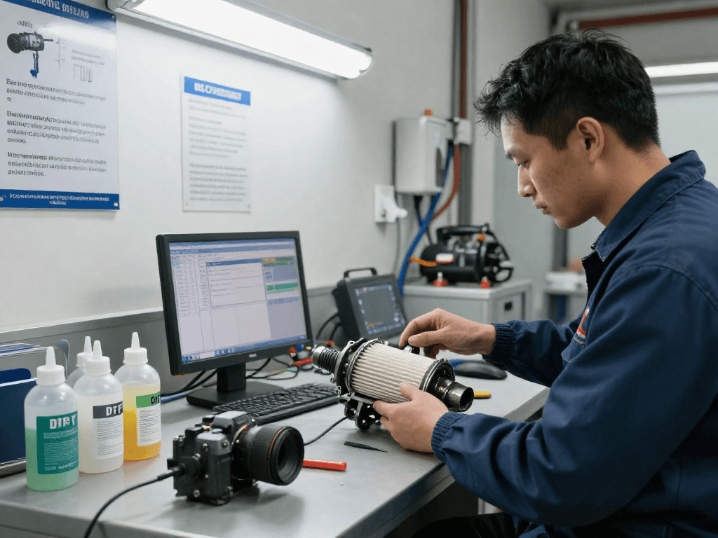 Professioneller DPF-Reinigungstechniker bei der DPF-Reinigung Laatzen in einer Werkstatt mit Werkzeugen und Diagnosegeräten.