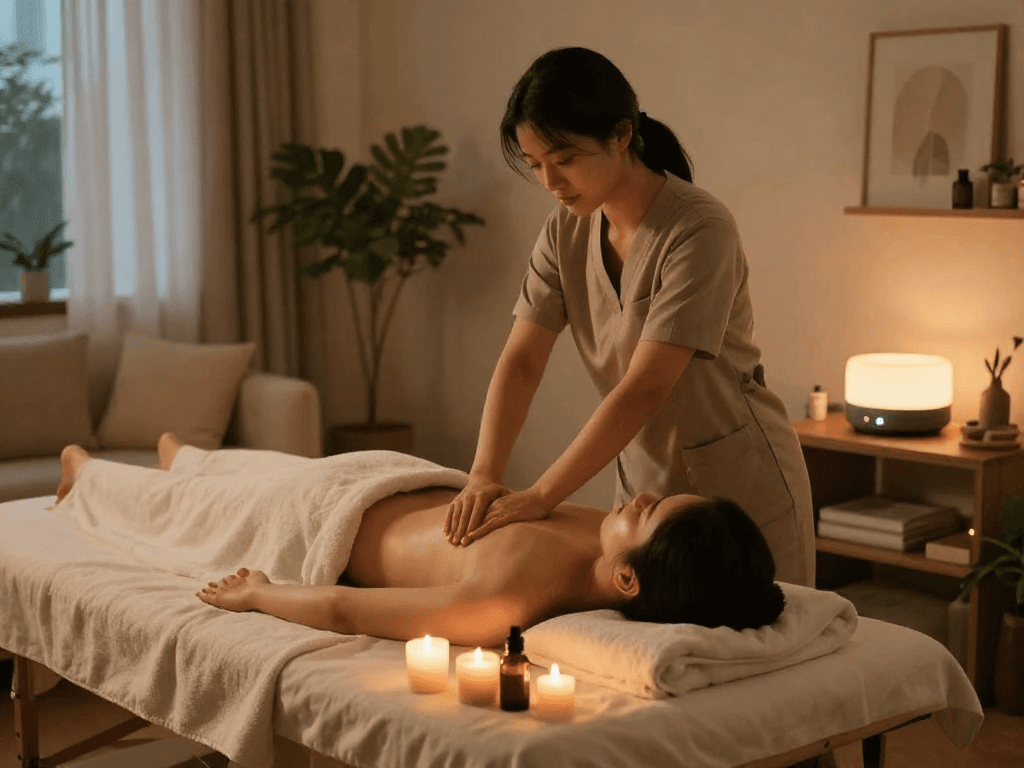 스웨디시출장 massage therapist providing a soothing experience in a calm home environment.