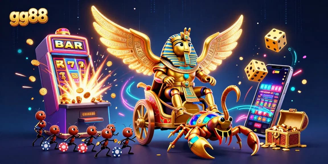 Experience thrilling slots action with gg88's golden beetle champions in a vibrant casino setting.