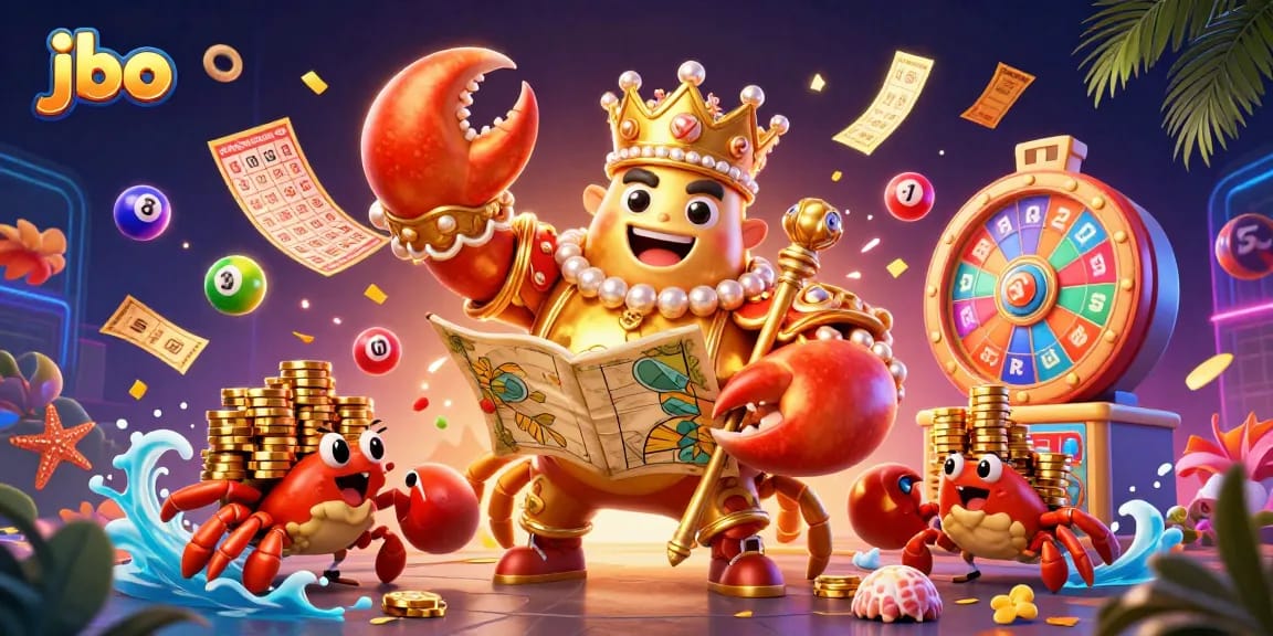 Experience jbo's thrilling slots and gaming with a golden crab emperor and vibrant lottery elements.
