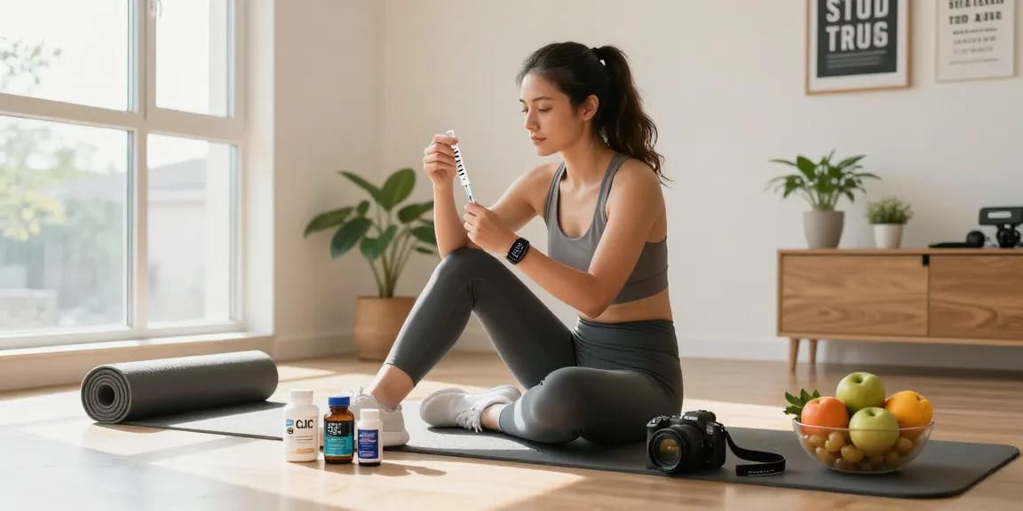 CJC 1295 Canada dosage measurement in a bright home gym, promoting fitness and health.