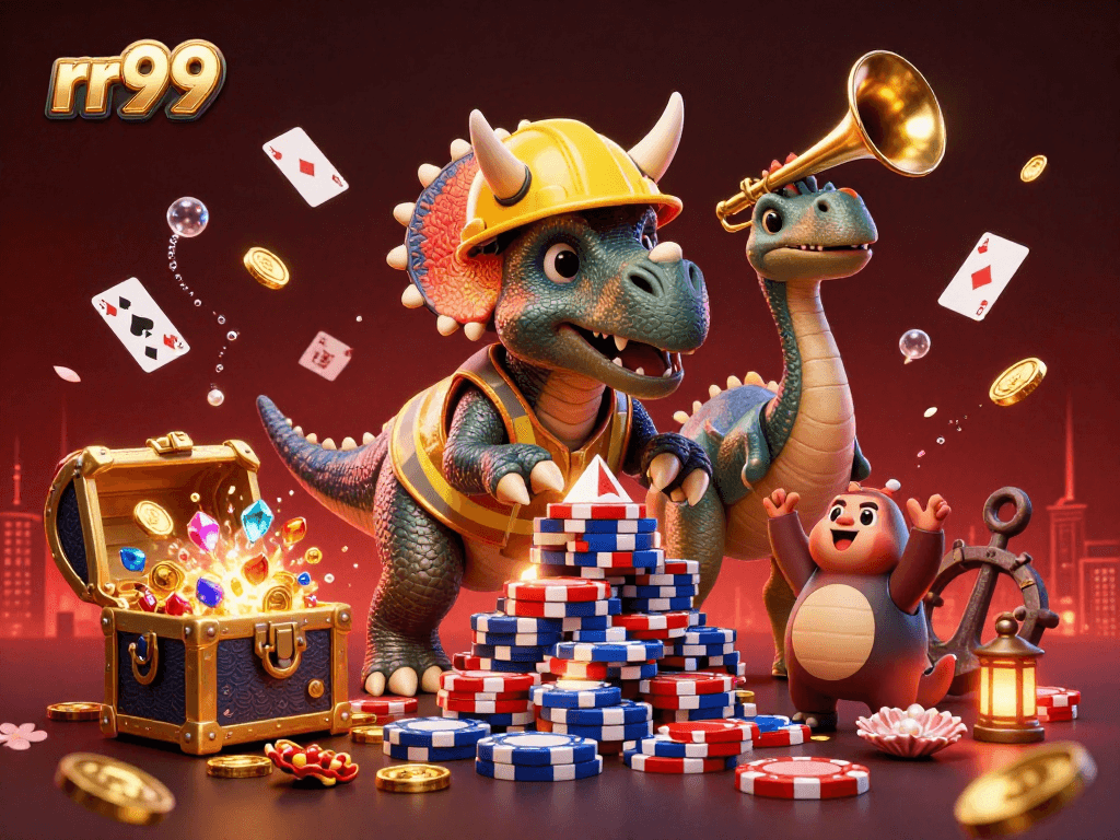 Experience rr99 excitement with a vibrant 3D illustration celebrating gaming at a virtual casino.