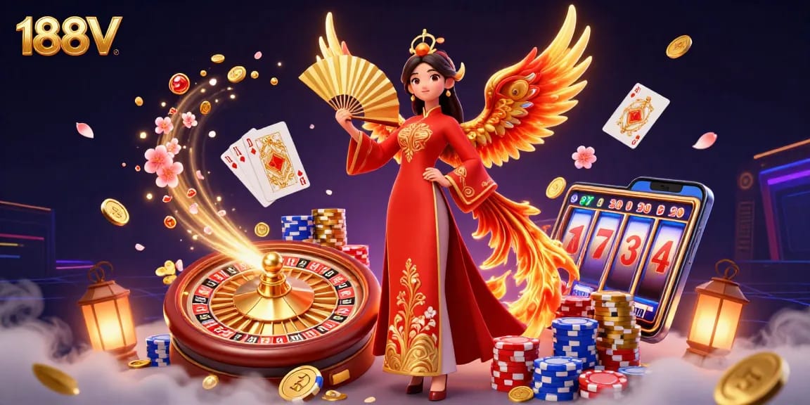Engage in thrilling gaming experiences with 188V in a vibrant casino-themed illustration featuring diverse game elements.