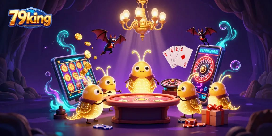 Experience exciting gameplay at 79king with a vibrant casino scene illuminated by glowworms and a bat dealer.