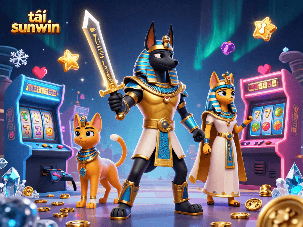 Play and win big with tải sunwin featuring Anubis and Bastet amidst vibrant casino elements.