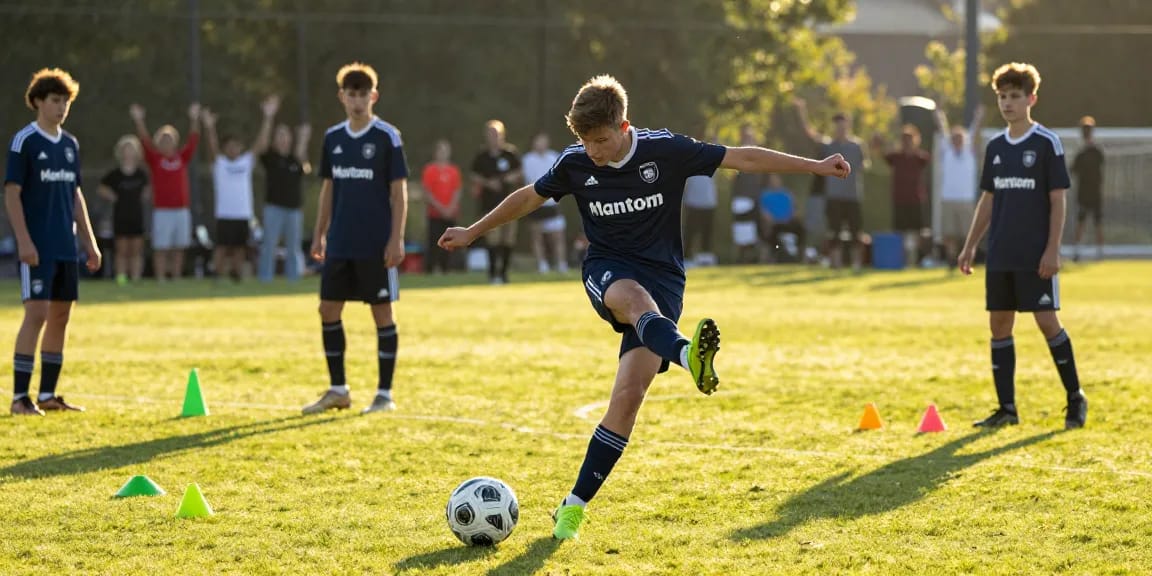 Junger Spieler mit Mantom-Trainer schießt auf einem Platz mit Matchball Fußball während des Trainings.