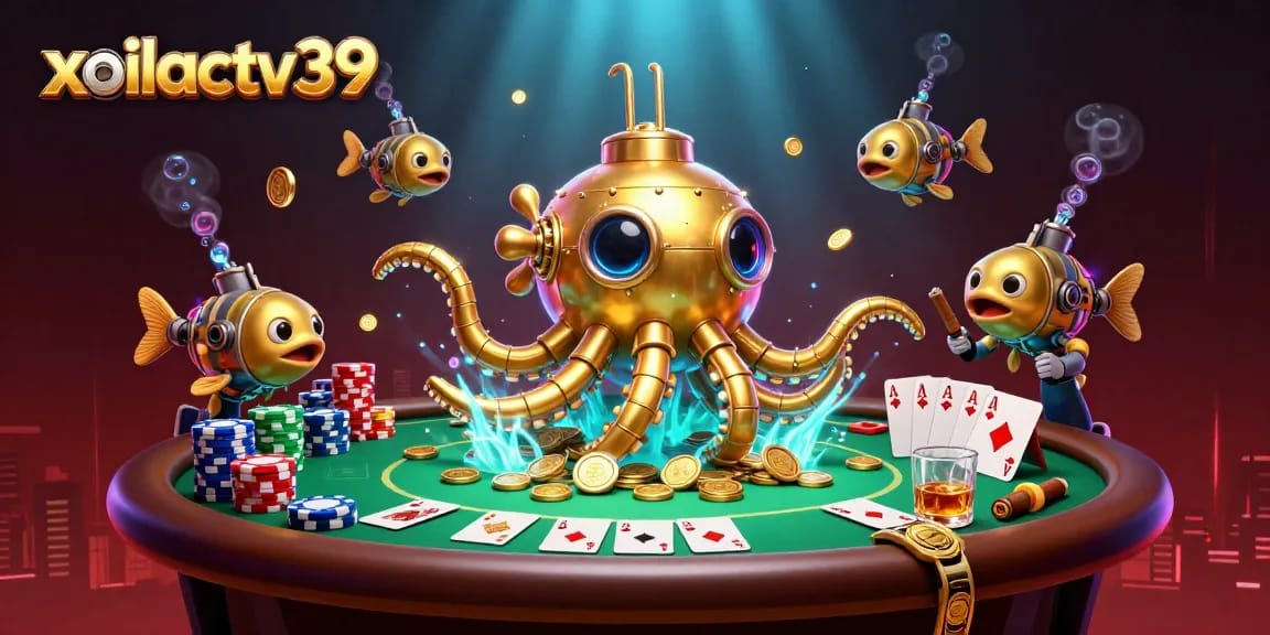 Engage with xoilactv39's lavish casino ambiance featuring a golden kraken submarine among poker elements.