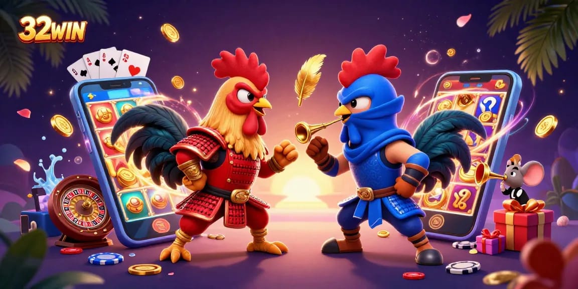 32WIN showcases cartoon fighting roosters in an exciting standoff with vibrant casino games surrounding them.