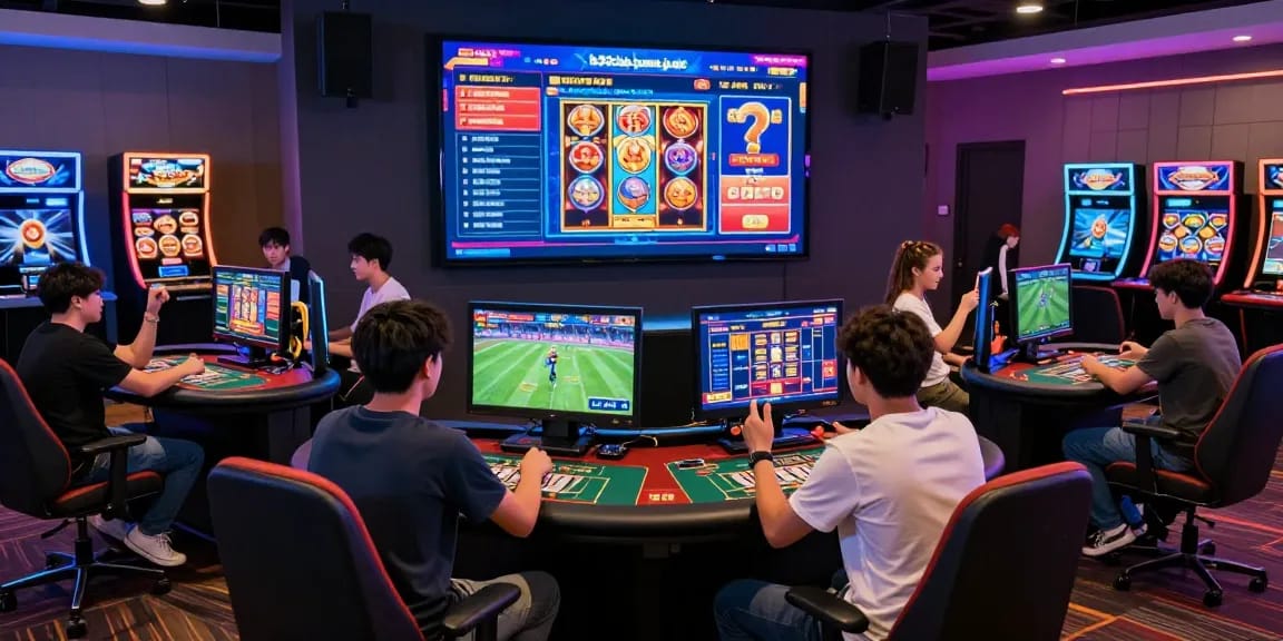 Engaged players at an online casino scene exploring games on https://b52club-game.jp.net/ with vibrant atmosphere and dynamic lighting.