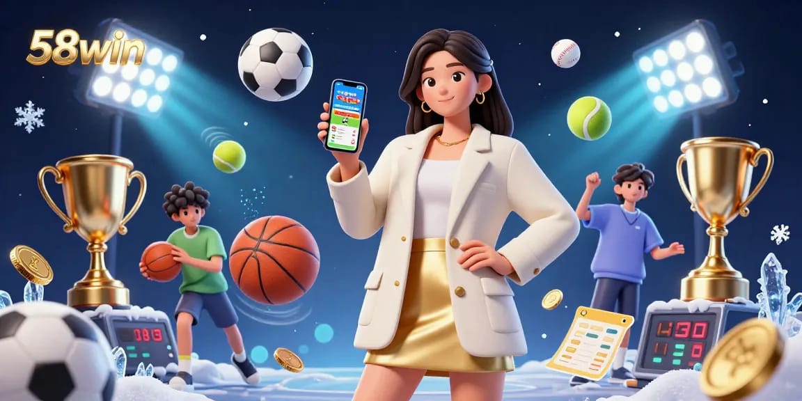 Experience the excitement of 58win with a friendly Asian woman showcasing a sports betting app amidst dynamic sports elements.