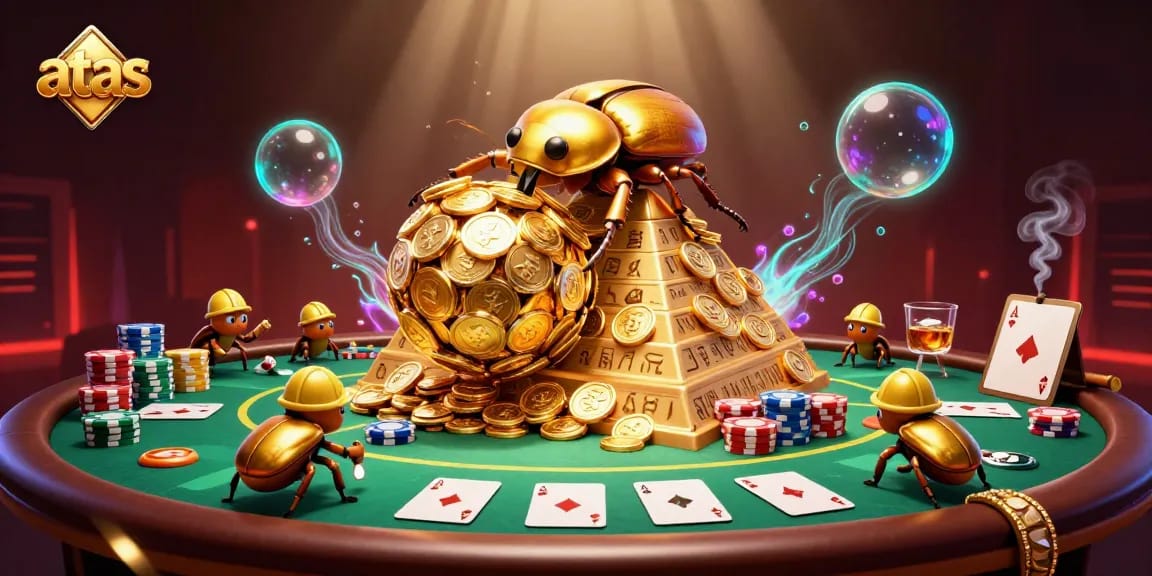 Engage with the atas casino scene as golden beetles roll coins atop a pyramid with vibrant poker elements.